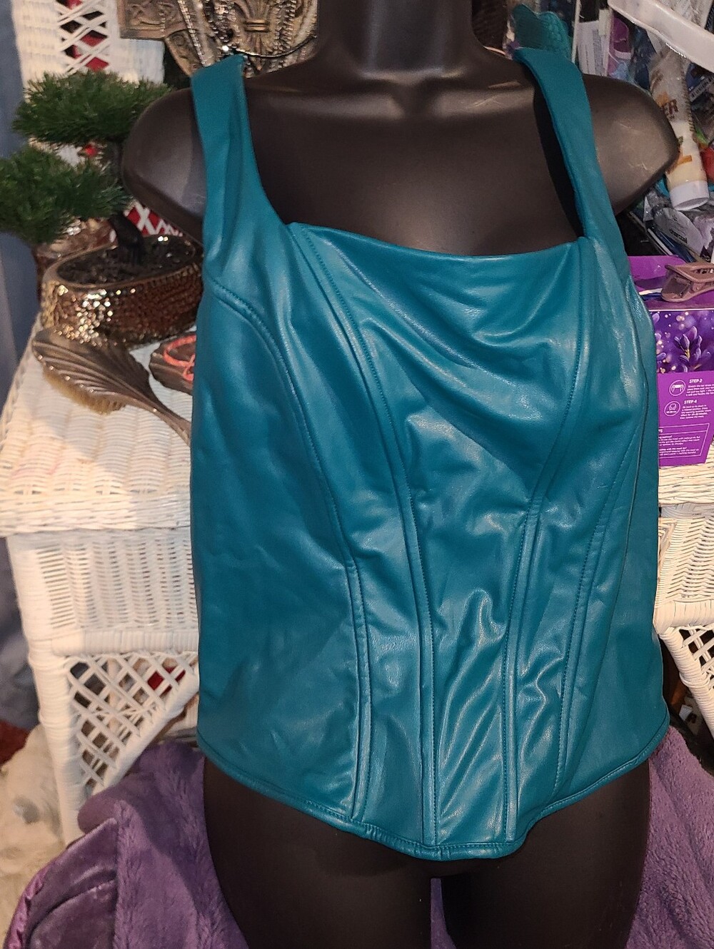 Faux Leather Teal Bone Corset Styled Top